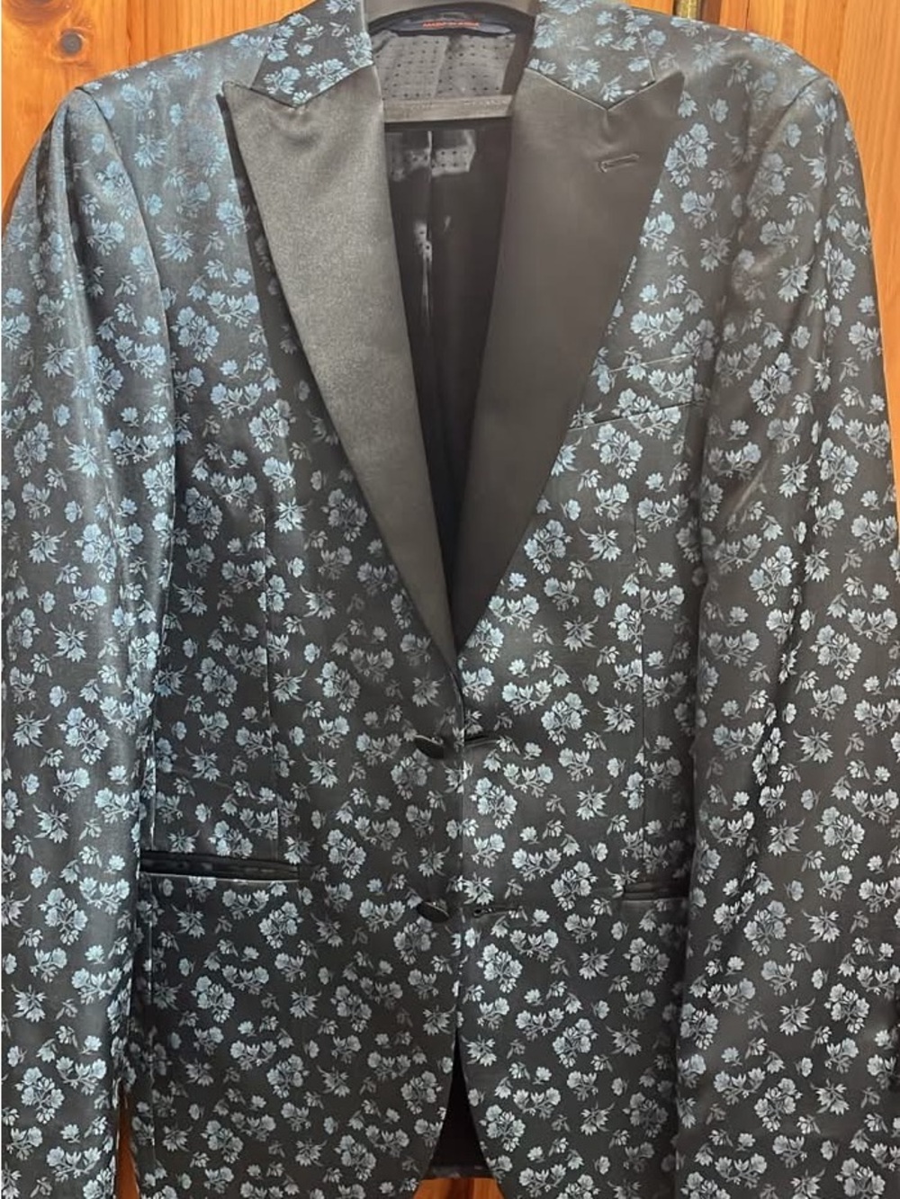 Black Floral Jacquard Blazer with Light Blue Pattern and Satin Lapel